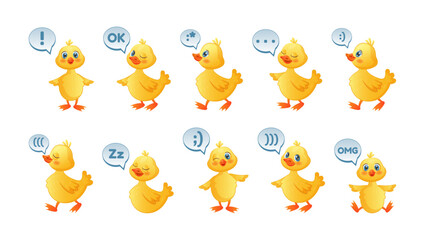 Rubber duckling. Doodle shower ducks. Yellow chicken with speech bubble. Beautiful soap image. Baby logo. Web messenger funny stickers. Bird mascots set. Vector tidy design illustration