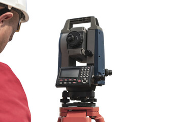 Surveyor engineer measures the level on a white isolated background. Surveyors provide accurate...