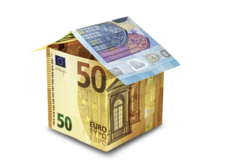 The house is made of euro banknotes on a white isolated background. Element for design. Buying and selling housing. Mortgage. Property rental. Close-up. Money. Business.