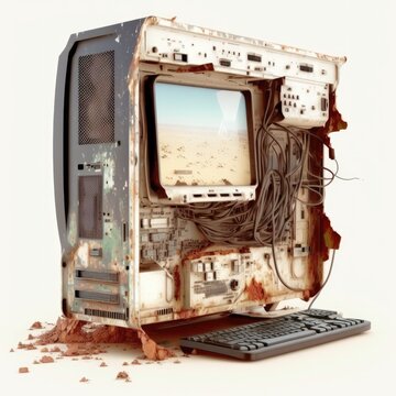 Rust ruined computer, old style, retro tech, post apocalypse object