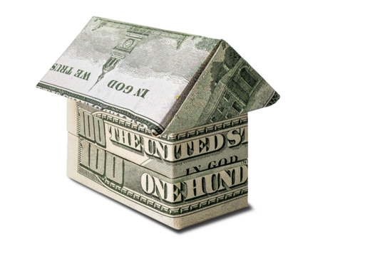The house is stacked of dollar bills on a white isolated background. Element for design. Buying and selling housing. Mortgage. Property rental. Close-up. Money. Business.