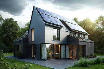Renewable energy concept. Modern residential cottage with solar panels on the roof