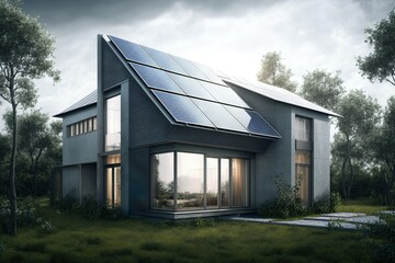 Fototapeta na wymiar Renewable energy concept. Modern residential cottage with solar panels on the roof