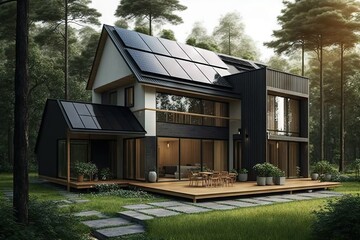 Renewable energy concept. Modern residential cottage with solar panels on the roof