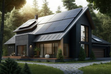 Obraz premium Renewable energy concept. Modern residential cottage with solar panels on the roof