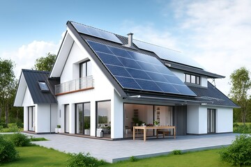 Renewable energy concept. Modern residential cottage with solar panels on the roof - obrazy, fototapety, plakaty