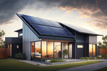Fototapeta na wymiar Renewable energy concept. Modern residential cottage with solar panels on the roof