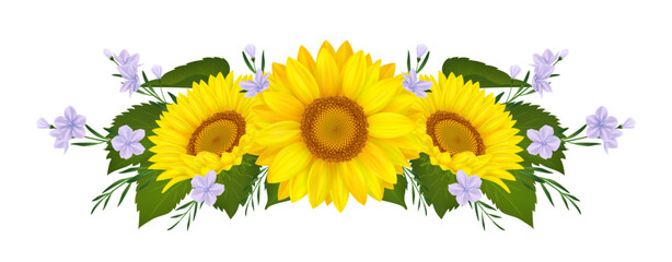 Isolated sunflowers, wedding flower bouquet. Yellow petals, single floral daisy composition for border or frame, colorful summer garden 3d nature element. Vector neoteric realistic design