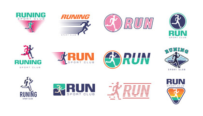 Marathon logo. Sport run club. Athlete runners on logotype. Exercise challenge color sign. Sprinters emblems. Active man race. Speed running. Sprinting sportsman. Vector design icons set
