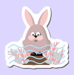 Cheerful funny rabbit on the beach. Bunny in the lake. spring sticker.
