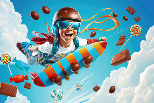 A boy with goggles and cap flying a small rocket through colorful lollipops, candies and candy bars . Generative AI