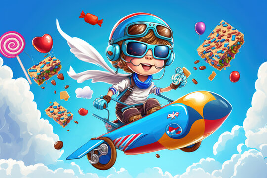 A boy with goggles and cap flies with spacecraft through colorful lollipops, candies and candy bars . Generative AI