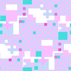Abstract seamless plaid pattern of colorful rectangles in a pixel art style.
