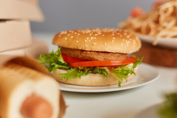 Closeup shot of junk food on table, tasty sausage in dough, big hamburger and pasta with tomatoes. Street food, meat cutlet burgers. Food delivery.