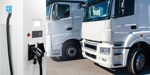Electric vehicles charging station on a background of a trucks. Concept	