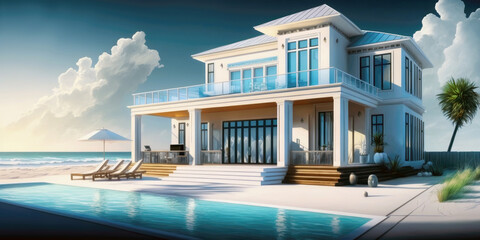 Luxury beach house with a pool and an empty terrace in contemporary style, a vacation home for a large family. Generative AI