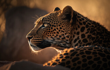 Fototapeta na wymiar Leopard sitting in the dessert with sunset in background