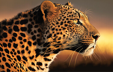 Leopard sitting in the dessert with sunset in background