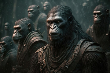 Army of apes ready to fight, illustration generative ai