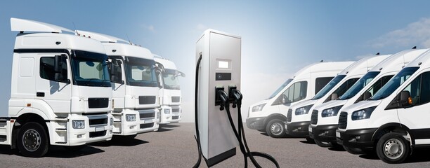 Electric vehicles charging station on a background of trucks and vans. Green fleet concept	