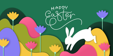 Happy Easter holiday card background. Colorful paper art style. Spring flowers, hair, eggs.