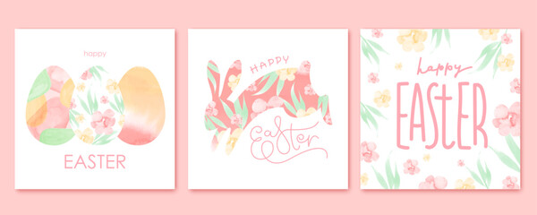 Happy Easter cards set. Colorful holiday design with hair, eggs, rabbit, lettering, flowers. Watercolor texture.