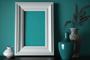 Vertical white picture frame mockup mounted on a wall painted in Turquoise color created with generative AI technology