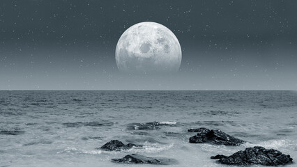 Planet in the Sky,Dark Nightin See, Digital Art Style, illustration,Full Moon Rising Over Empty Reservoir at Night