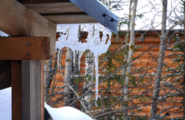 Spring drops falls down from crystal melting icicles on the edge of wooden arbor roof
