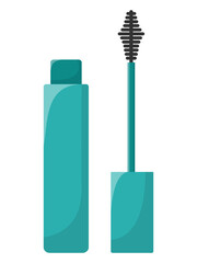 Cartoon mascara in green packaging. mascara brush,eyes mascara. Isolated on a white background. Simple flat vector illustration.