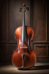 Cello. Musical instrument on the wooden classic background. Generative AI