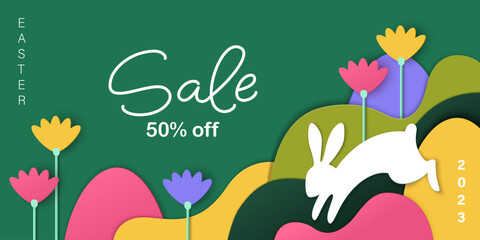 Happy Easter sale background. Colorful paper art style. Spring flowers, hair, eggs.