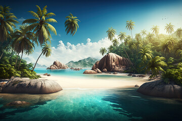 Fototapeta na wymiar Paradise tropical island with palm trees and a deserted beach. Generative AI