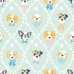 Vector seamless wallpaper pattern with funny muzzles of dogs of different breeds in bow ties and neck scarves - 577660562
