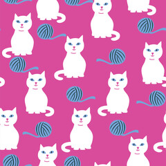 Vector seamless pattern with white cats and skeins