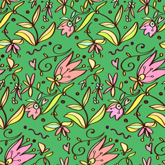 Fototapeta premium Seamless vector decorative pattern in retro style - fantasy flowers on a green background. 1970s.