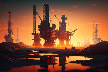 Oil pumps at sunset, Generative AI