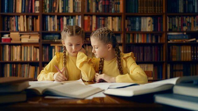 Twin sisters giving high five while doing homework in school library, teamwork