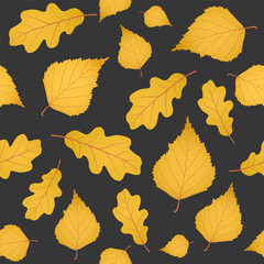 Seamless autumn vector background of yellow gold birch and oak leaves placed on dark gray background