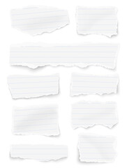 Vertical set of ruled paper different shapes ripped scraps fragments wisps isolated on white background. Paper collage. Vector illustration.
