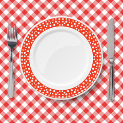 Red dish with pattern of chaotic white polka dot isolated on white background