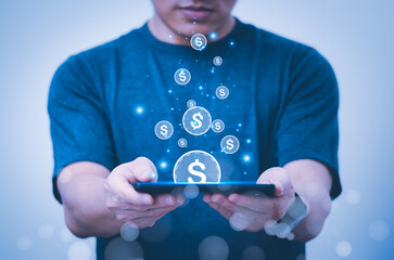 Businesses use phones to Show virtual hologram money online. with internet technology concept of global data connection with technology internet big data searching for information online marketing