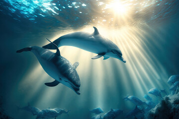 Obraz na płótnie Canvas Couple of blue dolphins swimming underwater. Marine animals wallpaper. Generative AI