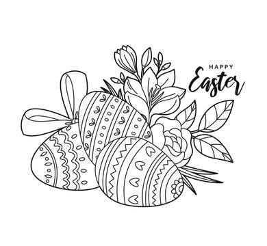 Happy Easter. Easter eggs with flowers and leaves. Contour image for coloring book, greeting card, print and poster.
