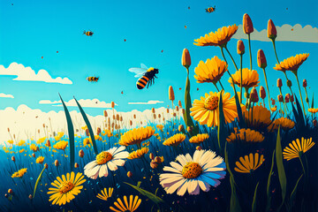 Realistic illustration of a field of flowers in full bloom with bees and a clear blue sky. Emotions: peace and serenity. Generative AI