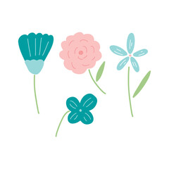 Spring flowers greenery vector hand drawn set. Leaves and flowers