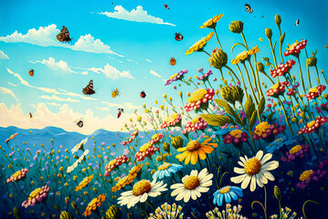 Fototapeta na wymiar A realistic illustration of flowers in full bloom with bees and a blue sky in the background. Bright colors for a tranquil feel. Generative AI