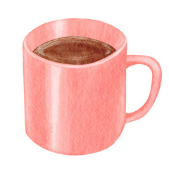 A red mug with coffee drink watercolor illustration