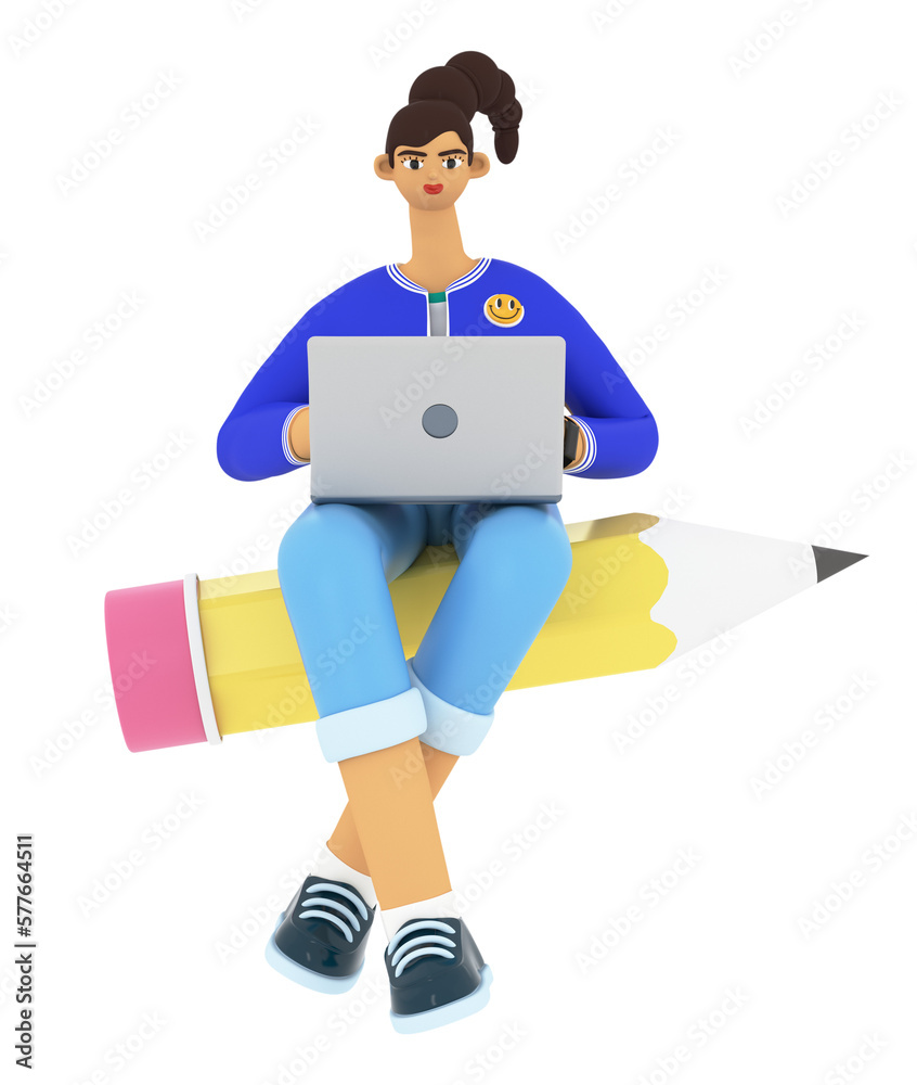 Wall mural Young woman sitting and flying on pen, watching lessons, researching information, communicate with teachers or students. Working, education and shopping concept. 3d render illustration.