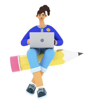 Young woman sitting and flying on pen, watching lessons, researching information, communicate with teachers or students. Working, education and shopping concept. 3d render illustration.